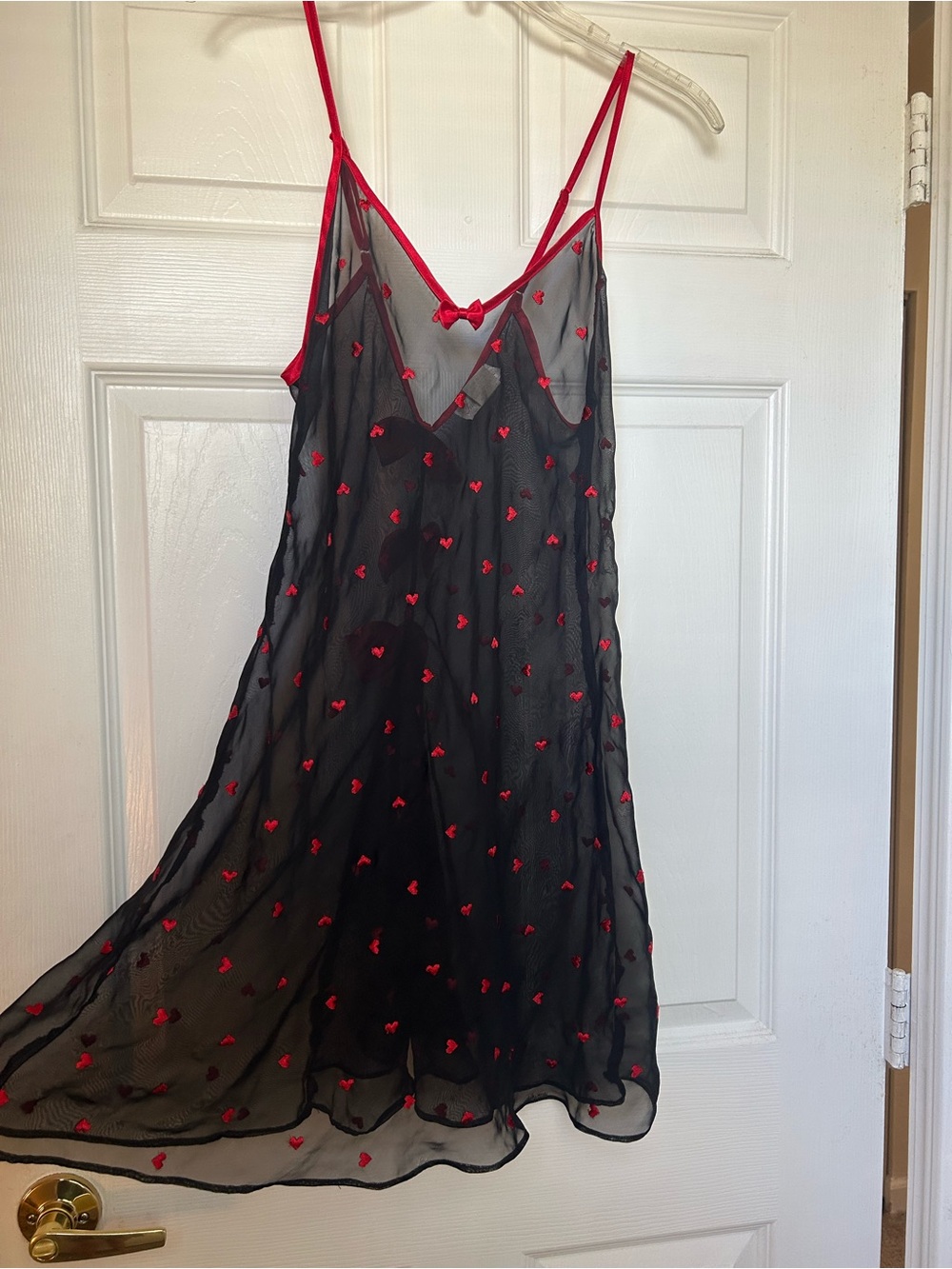 Sheer Black Slip Dress with Red Heart Embroidery